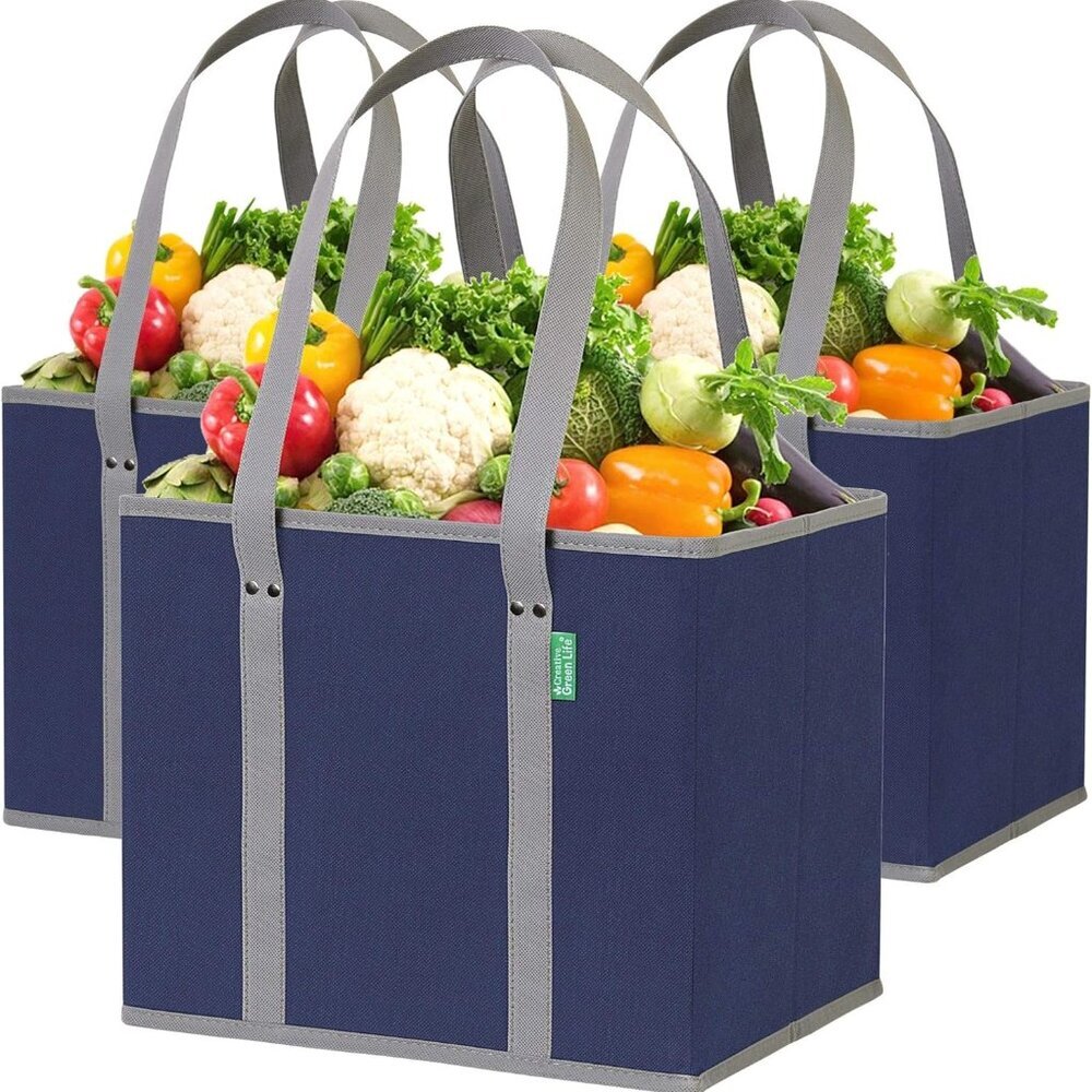 Reusable Grocery Bags 3 Pack – Heavy Duty Reusable Shopping Bags with Box Shape